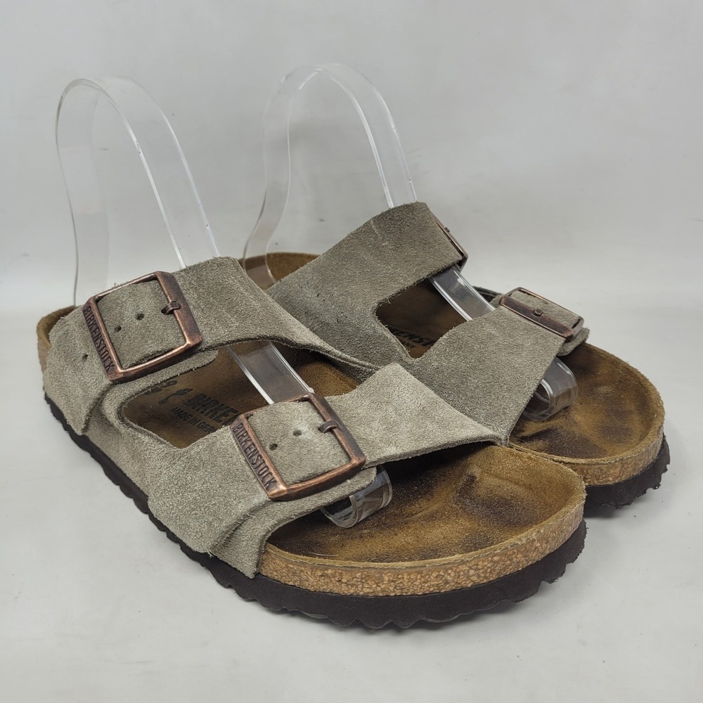 Birkenstock Arizona Sandals EU39 US8.5 Taupe Suede Double Buckle Slides Slip On